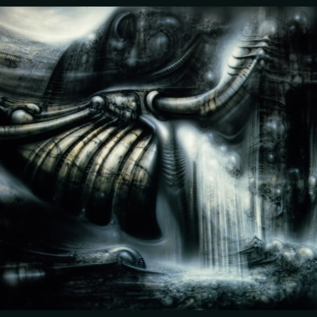 DARK BLACK COLORS. Giger_style, H. R. Giger's g1g3r, , Giger_style. Please reproduce the original image as accurately as possible, capturing the intricate details of the biomechanical structures, the dramatic lighting, and the overall sense of unease. Find...