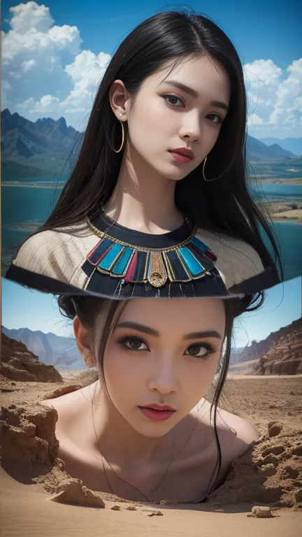 Egyptian Women 、  desert、  desert、 AMAZING BEAUTIFUL RATIO  、  charming beauty、 western style 、( Top Quality,   masterpiece:1.4), sides is、(  realism:1.2), (  exists:1.2), ( absurd:1.2), (  exists:1.3), 1 person&#39;S,  exists Skin,1 personで,( とても big eyes...