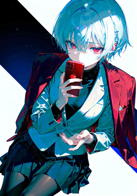 masterpiece, best quality, ultra detailed, score_9, score_8_up, score_7_up, score_6_up,, short hair, white hair, black pleated skirt, black shirt, long sleeves, pale beige suit, (another red blazer-style jacket on shoulder:1.2)), (black Denier tights:1.1),...