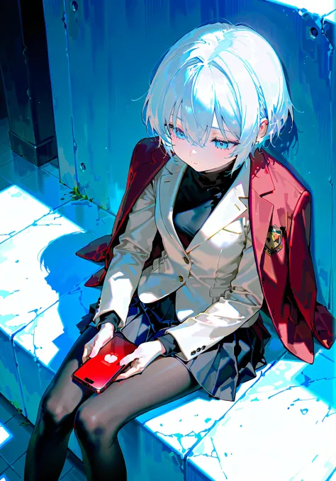 masterpiece, best quality, ultra detailed, score_9, score_8_up, score_7_up, score_6_up,, short hair, white hair, black pleated skirt, black shirt, long sleeves, pale beige suit, (another red blazer-style jacket on shoulder:1.2)), (black Denier tights:1.1),...