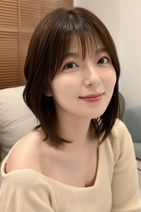  mature girlfriend  、  clear  、virgin、45 years old、  close-up face 、Wavy Shoulder-Length Hair 、 nudes、 bright 、 Japanese 、 realistic feel、In the living room