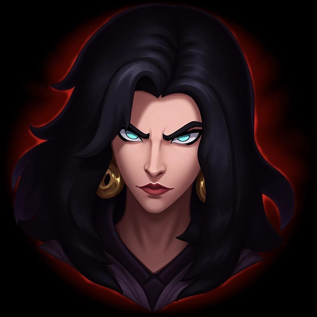 emotelol, 
 focus on the face ,  a woman, serious,  penetrating eyes , long black hair, super feminine and flirty, squinting eyes, golden rings, green eyes , pulcro, agile, murderer, focused, intense, calm, mortal, Tactical, cautious.
, cartoon emote style...