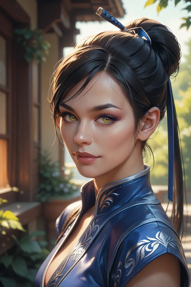 Portrait of Kitana from Mortal Kombat, anime style art, by day,  Sunny day 