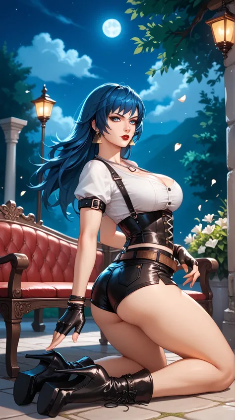 Sexy leona heidern, blue eyes,  long hair,  DARK BLUE HAIR LENSES, red lips,   triangle earrings, dog tags, big breasts, wearing a corset , suspenders,  white shirt,  tight black shorts, belt with chains, fingerless gloves, bracelets,  Thigh-length boots ,...