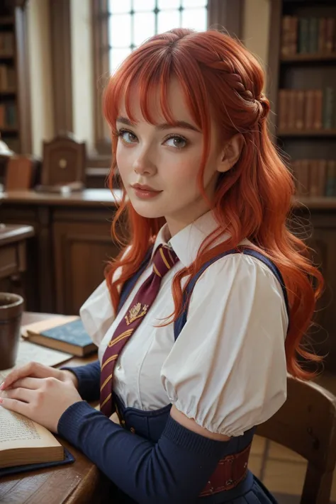 an eleven-year-old girl with very smooth red hair and bangs at Hogwarts 