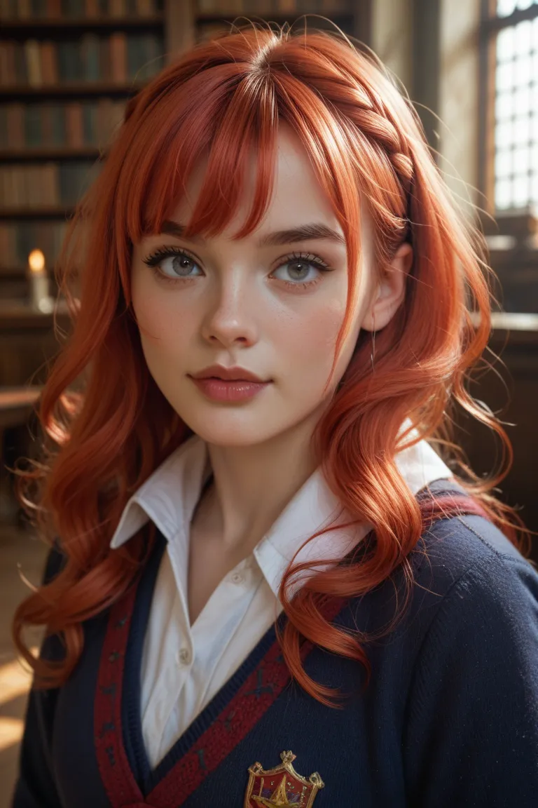 an eleven-year-old girl with very smooth red hair and bangs at Hogwarts 