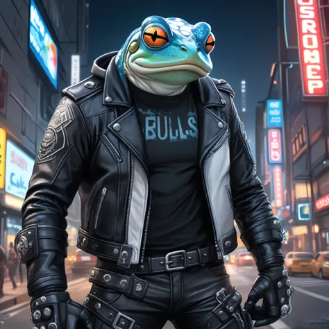 Closeup, Watercolor, digital comic book art style, ((an extremely badass anthropomorphic light blue and white bullfrog wearing an insanely cool black leather biker jacket open, black shirt, black leather biker gloves, black leather biker pants, giving it a...