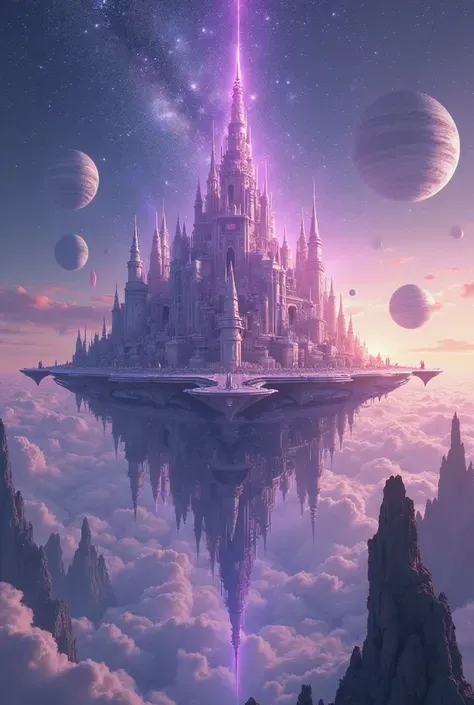 ((Masterpiece )), best quality, (8 thousand, best quality, Masterpiece :1.2),  超细节的 , Illustration , The giant castle in the center of the big fantasy city, sci-fy, Ethereal City, Floating city, has many planets in the sky, There are clouds around, Celesti...