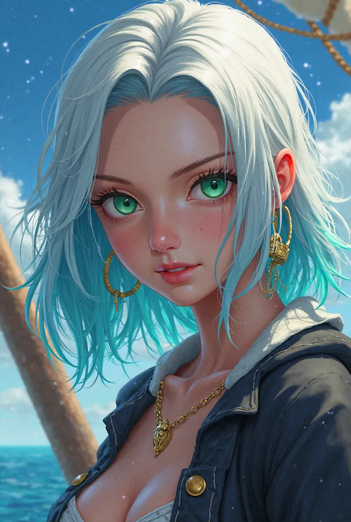 a female character from One Piece , Around 19 to 22 years old, She has white hair with blue tips and very striking green eyes