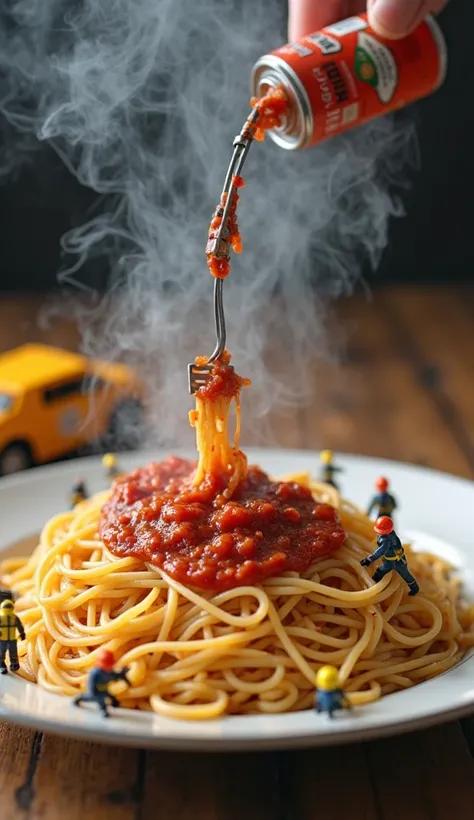 Smoke is coming out of the spaghetti in the spaghetti plate, tiny workers are mixing the spaghetti with a fork and tiny workers are working on the spaghetti plate, tiny workers are pouring tomato sauce on the spaghetti with a crane vehicle, tiny workers ar...