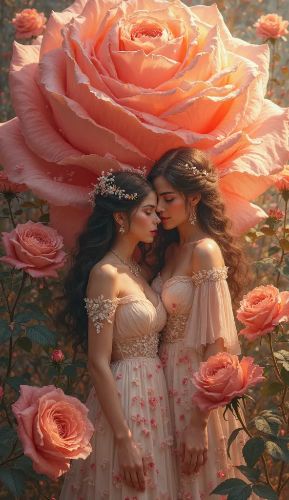  beautiful women　The background is a rose in full bloom　Shining in pink gold。
fantasy space　