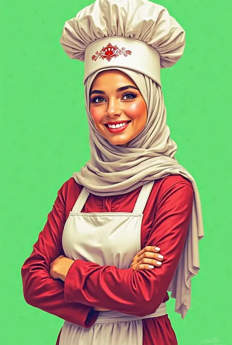 Saudi Arabian cartoon woman 
wearing hijab, abaya and chef hat green background
