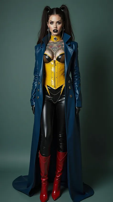 ANGELINA JOLIE, Dominatrix  , pale skin, vampire, nosferatu, dracula, BDSM, blue yellow latex , brilliant, metallic, corps latex noir, longue jupe crayon en latex noir, transparent  latex blue trench coat  , red brown latex over the knee boots ewtrem high ...