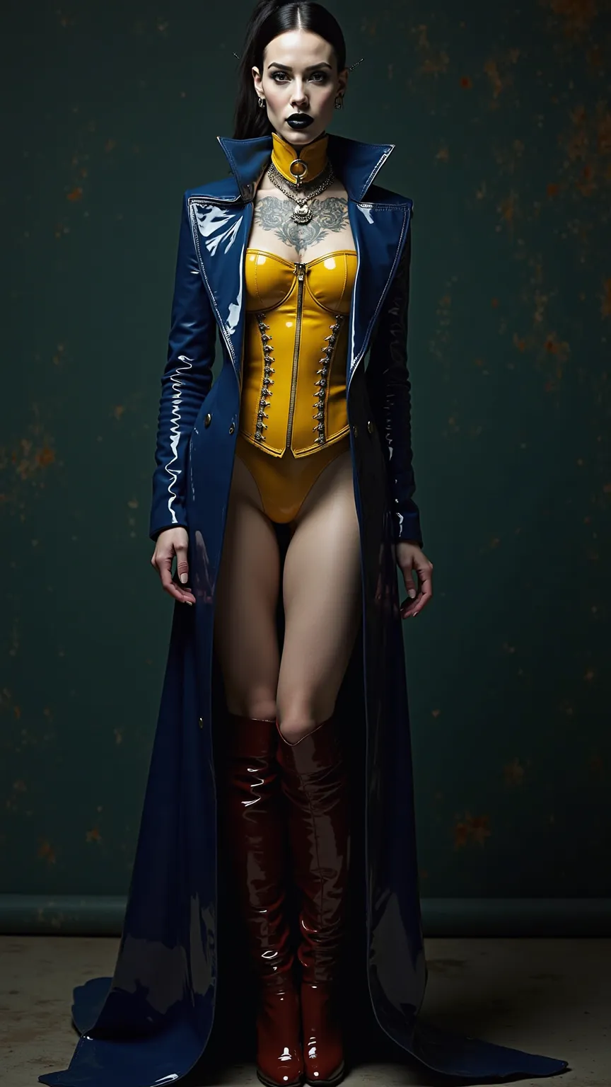 ANGELINA JOLIE, Dominatrix  , pale skin, vampire, nosferatu, dracula, BDSM, blue yellow latex , brilliant, metallic, corps latex noir, longue jupe crayon en latex noir, transparent  latex blue trench coat  , red brown latex over the knee boots ewtrem high ...