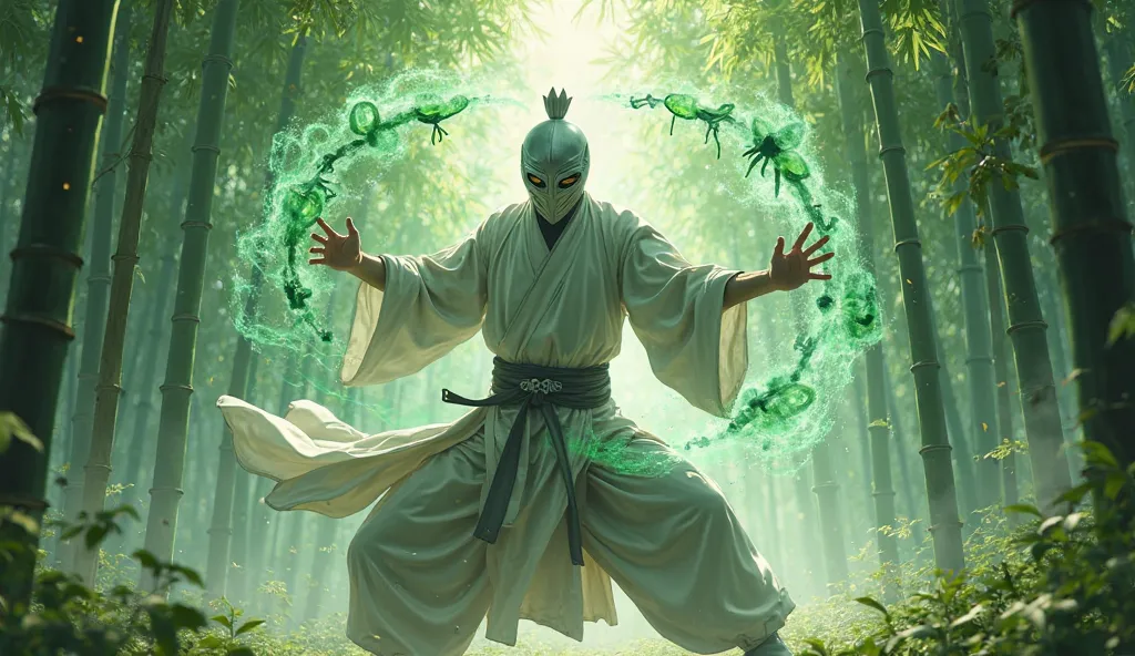 epic anime fantasy mid side front view of silver masked knight kung-fu monk practices the mantis style of kung-fu with the green spirit of mantis circuling around him in the green mamboo forest