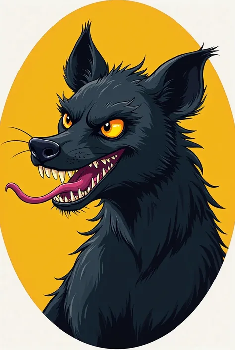 Draw an all-black hyena looking to the left with a smiling face and an open tongue in a circle on a yellow background.