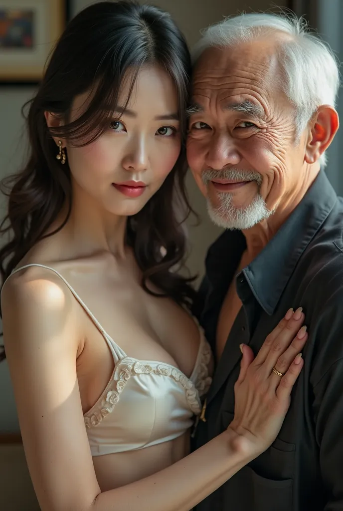 26 year old sexy Korean girl big breast , perky nipples, silky clothes, hugging 80 year old man , his hand on her chest and laughing at her, she looks at camera seriously 