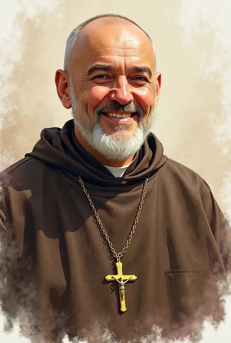 Padre Pio smiling , Wearing a modest golden crucifix, watercolor style, 