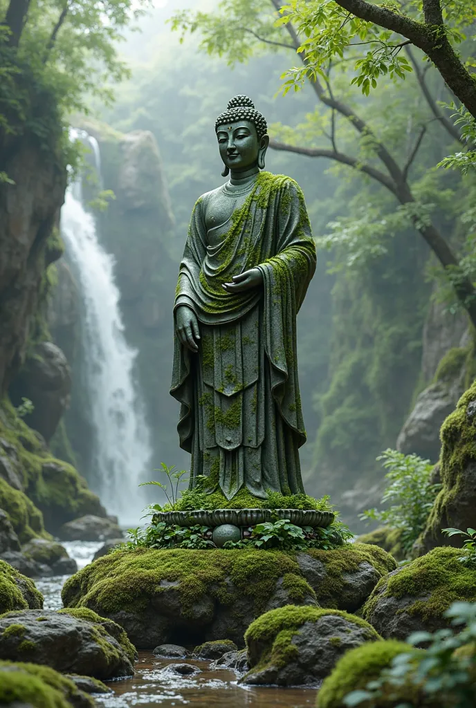 Buddha statue covered with moss amidst majestic nature