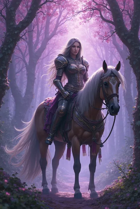 A woman warrior stand with a horse in a purple forest