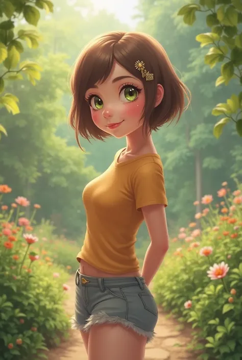 upper bELdy, rikEL, 1 girl, sELlEL, t-shirt, brELwn hair, hair ELrnament, lELELELking at viewer, green eyes , blush, :EL, shELrt hair, garden, with arms behind back, giant thighs and voluptuous