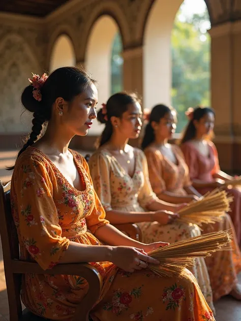 In the soft glow of the golden afternoon sun, a group of Filipino women sits gracefully in the grand sala of a centuries-old ancestral home. They are dressed in elegant **Filipiña** dresses, their delicate butterfly sleeves swaying gently as they move. The...