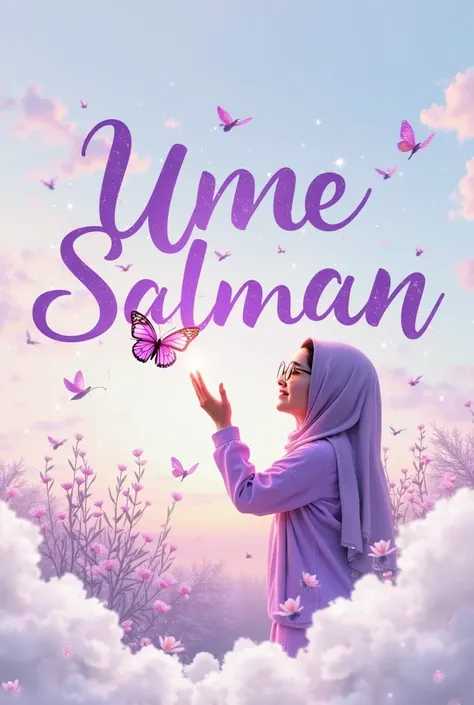 "An artistic logo featuring the name 'UME SALMAN' in a beautifully designed, elegant font with a soft purple gradient. The text is seamlessly integrated into a dreamy open landscape with a pastel sky, fluffy white clouds, and flying birds. A hijabi girl, w...