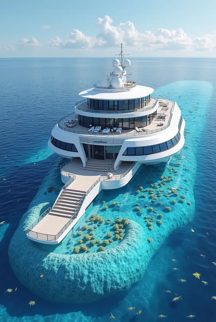 ship, blue and white modern, Two-storey, on the ground floor have access to the open sea. It looks like a pool from above but is very round and smooth, there are lots of small ones and one big , there are smooth rounded little steps. also this first floor ...