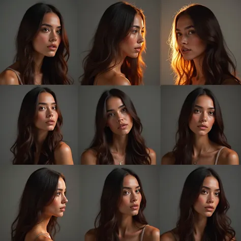 Grid of photorealistic portraits of a beautiful woman, long dark brown straight hair, ((in different angles and expressions)), backlighting creating a dramatic rim light and halo effect on her hair, light source positioned directly behind the subject, gold...