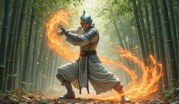 epic anime fantasy mid side view of silver knight kung-fu monk practices the tiger style of kung-fu with the orange spirit of tiger circuling around him in the green mamboo forest