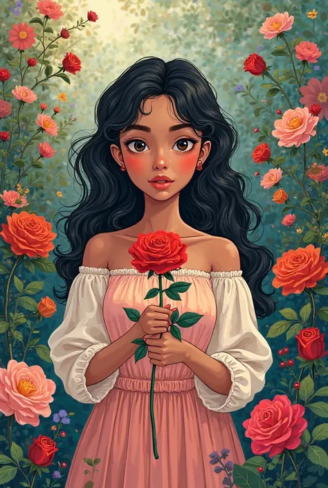 Amira holds a rose in a magical garden full of flowers with clear and thick lines without fine details
