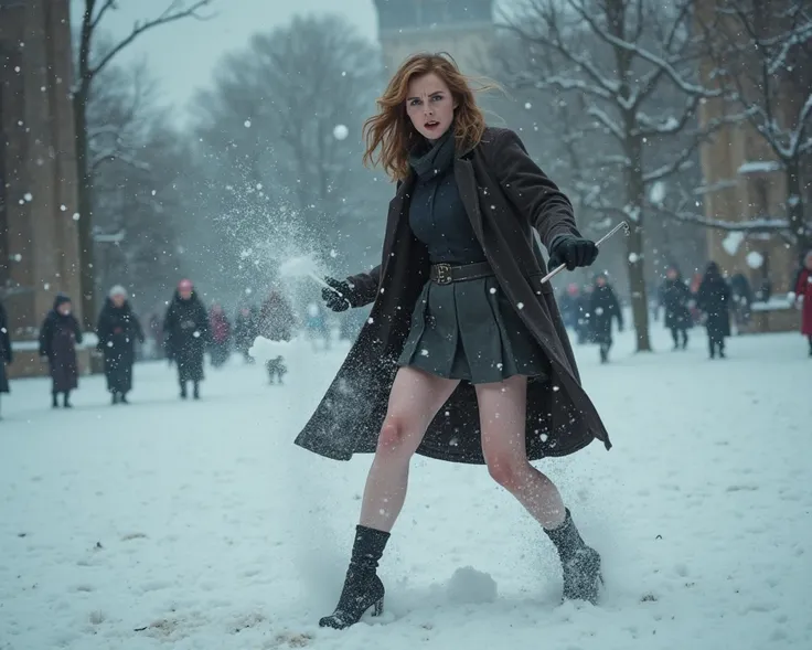 Emma Watson face, Hermione Granger, adult, fighting during the battle of hogwarts against death eaters, ice bomb is exploding at her legs, hermione is facing too many death eaters but cannot match their ultimate power, woolen mini skirt, bare legs, griffin...