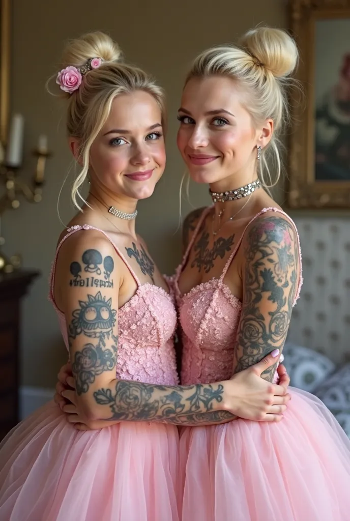 The super thin blonde Gillian Jacobs and her daughter, wearing a pink wedding dress , She has a very long penis ,  she is clutching her own penis , skull and crossed bone tattoos all over their bodies,  short hair tied in a bun , shrill,  smiling, His peni...