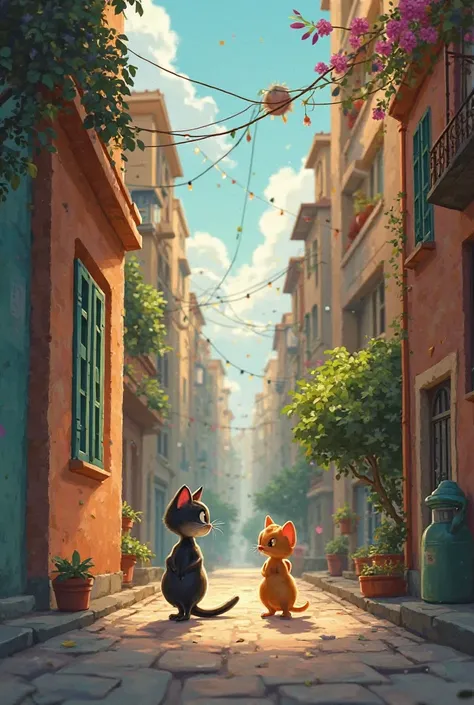 "Ek dafa ka zikar hai, ek sheher mein ek billi aur ek chuha rahte the."
Prompt: Create an image of a bustling city with a small alley where a cat and a rat live. The scene should show a charming urban landscape with some buildings, and a peaceful corner wh...