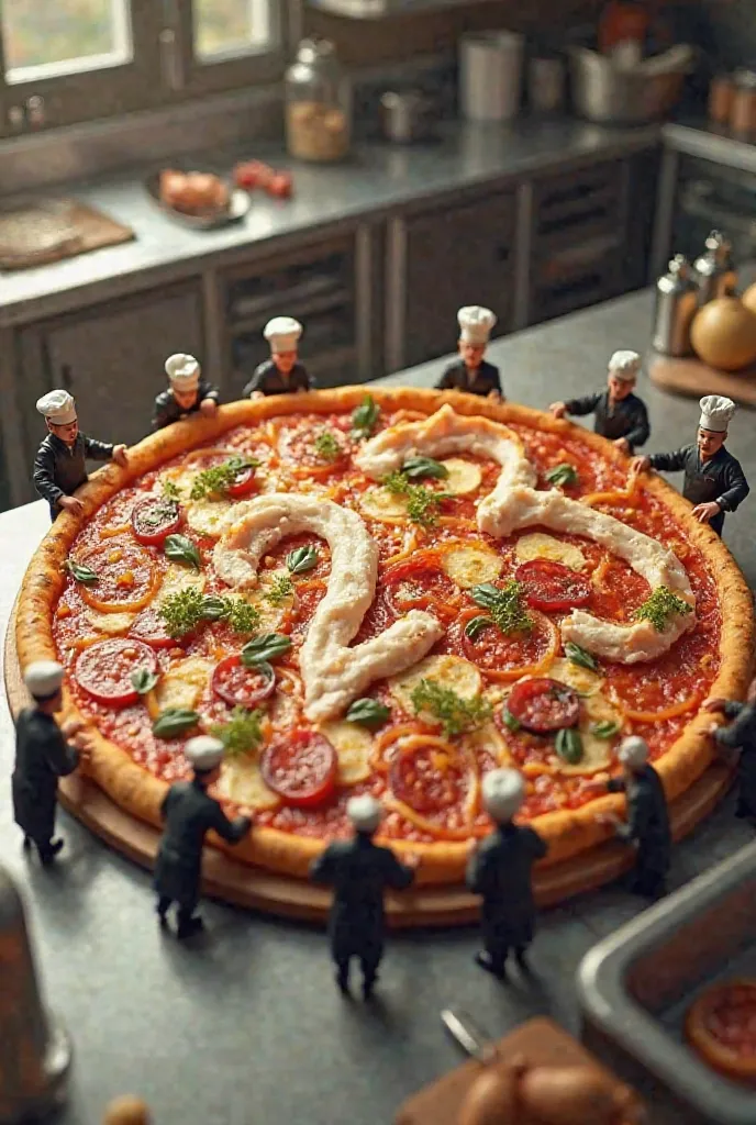 Generate a picture of mini chefs in black uniforms preparing a huge pizza with the number 23 