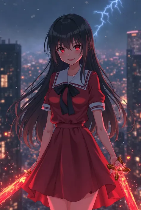 Creating an anime girl animation on the terrace of the school, she wears a red school dress that looks elegant and has long hair and is in a city that falls in the night with the hair of the stuff in flames and where the sword blade has a red flame, looks ...