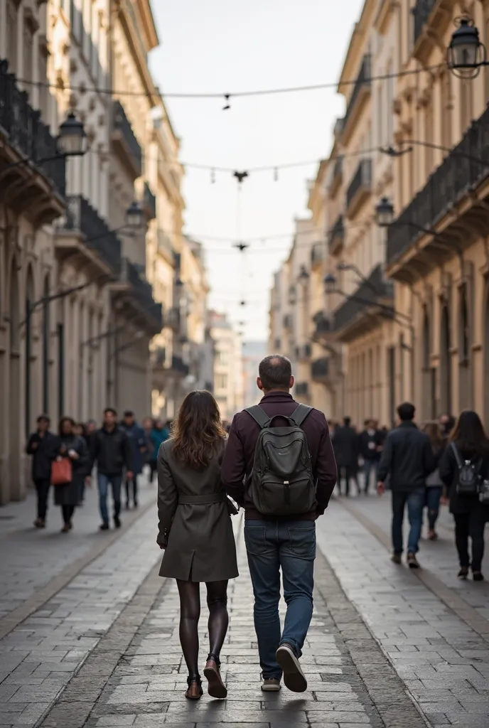 there is a man and woman walking down a street together, tourists in background, lisbon, standing in a city center, in a city with a rich history, portugal, people on the streets, people in the streets, streets of salvador, nice weather, by Mario Cooper, w...