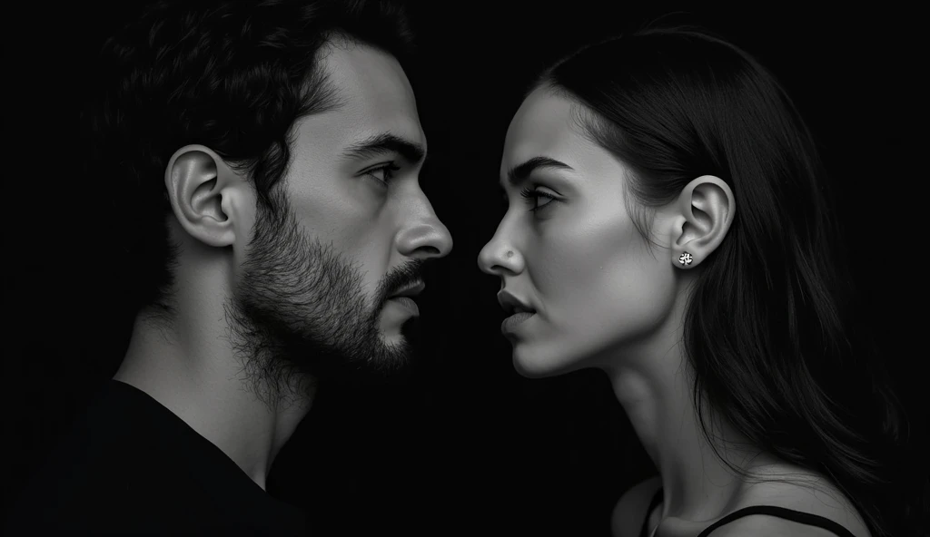 The image shows a successful 30-year-old heartthrob , and a successful beautiful woman 30 years old, facing each other face to face with a serious expression on his face. Show only the face from the neck up black and white photo. The black background, 