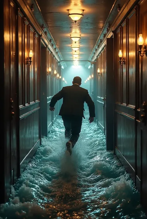 an ultra-realistic point-of-view image (throw), capturing the first-person view of a passenger running through the corridors of the Titanic as icy water rises rapidly. His arms are forward, trying to open locked doors, as his wet legs kick the water that a...