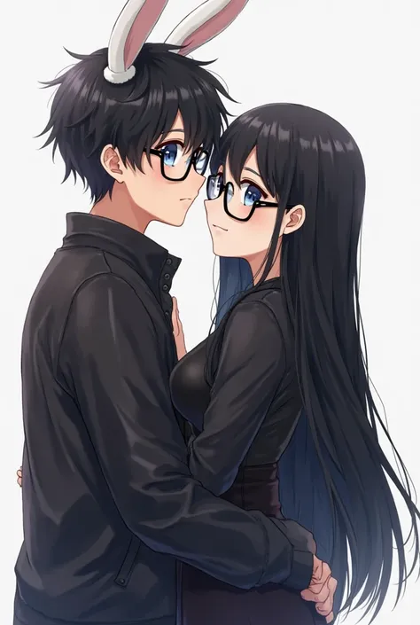 A couple of a teenage boy with white rabbit ears and black glasses and round blue eyes and black hair and black clothes, and a teenage girl who has black glasses and round black eyes and very long black hair a little short black clothes and a well-defined ...