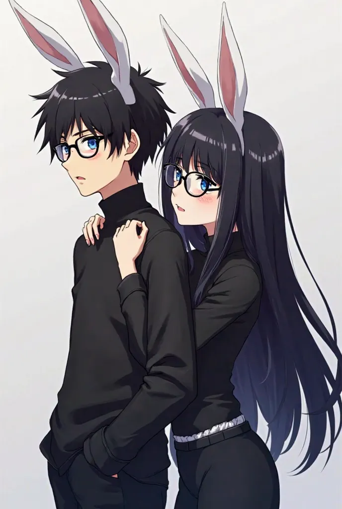 A couple of a teenage boy with white rabbit ears and black glasses and round blue eyes and black hair and black clothes, She is a teenage girl with round black glasses, a girl's eyes black and very long black hair, a little short, black clothes and a well-...