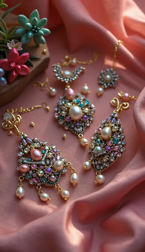 Create image "Beautiful handmade jewelry from Zainab, adorned on a shiny cloth. Colorful pearls, stones, and metals that showcase their creativity."