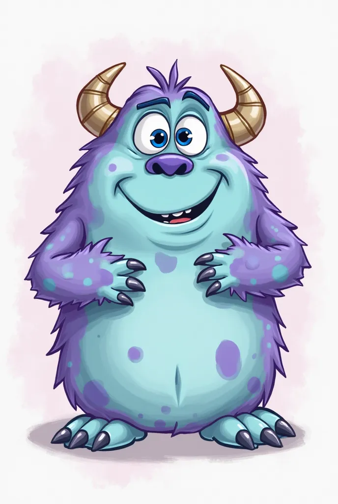 "A cute, chibi-style drawing of Sullivan from Monsters Inc. He is a large, furry, purple and blue monster with spots. He has big eyes, a small nose, and a smiling face. His large horns are small and rounded, and his body is plump and soft-looking. The draw...