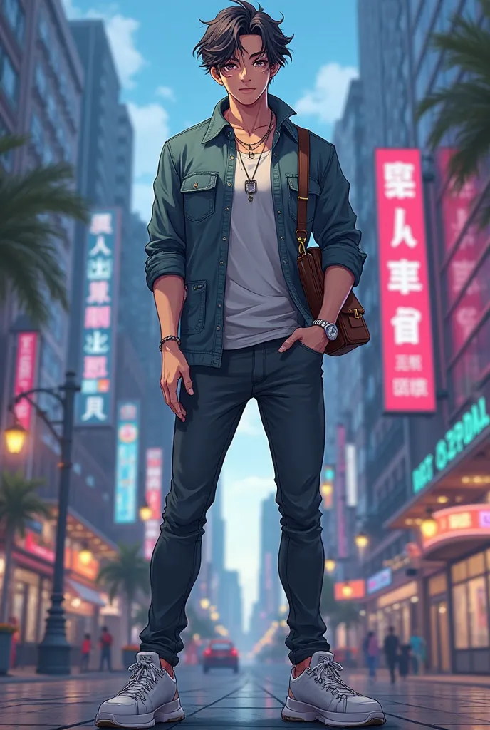 Create a male anime character with modern-day clothes 