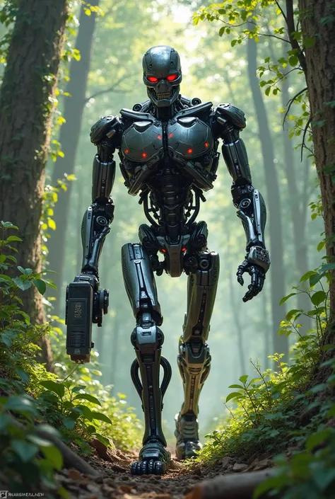 Create me a photo of a terminator searching nature with a metal detector,iznad stavi naslov terminator gl 4