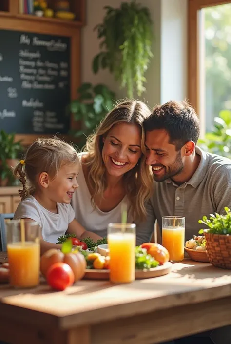 a happy family eating healthy foods and natural juices. Remember to enter signs that refer to healthy habits.