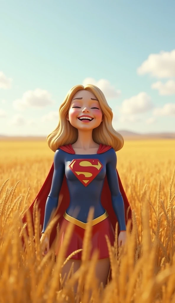 A highly realistic 3D render of Supergirl standing joyfully in a lush, golden wheat field. Her face is lit up with happiness as she laughs, her posture relaxed and open. The tall wheat sways gently in the breeze under a bright, clear sky, creating a peacef...