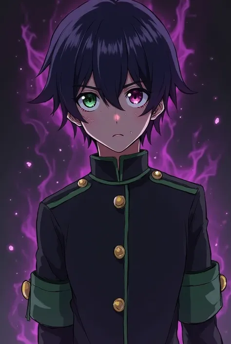 A 15-year-old ager, purple and green eyes. Dressed in a simple black military uniform with green cuffs. He is small and frail. He is injured but a powerful purple aura emanates from him.  the background is dark .
In a fantasy animated style