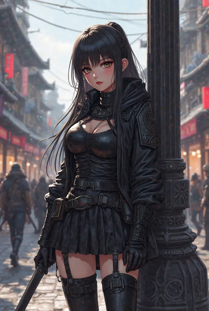 anime girl in black leather outfit posing on street corner, art inspired by Jin Homura, trending on pixiv, realism, female medieval anime girl, action anime girl, warrior outfit, wearing techwear and armor, wearing japanese techwear, style anime, anime gir...