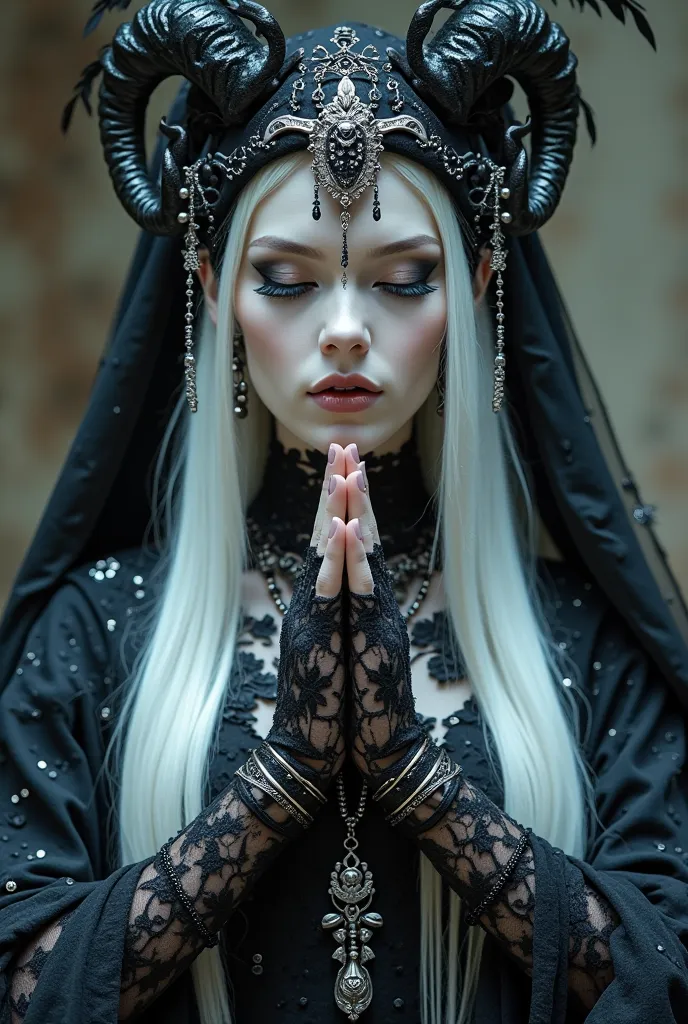 A gothic-inspired ethereal figure with pale porcelain skin, dressed in intricate dark attire. The character’s eyes are closed, hands pressed together in a solemn, prayer-like gesture, evoking mysticism and deep contemplation. They wear a striking black hea...